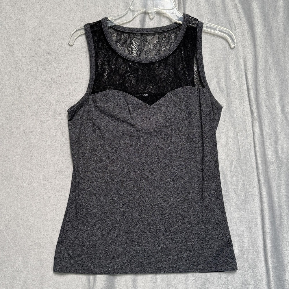 Express Tank Top Womens Medium‎ Heather Gray Black Lace Yoke Sleeveless Stretch